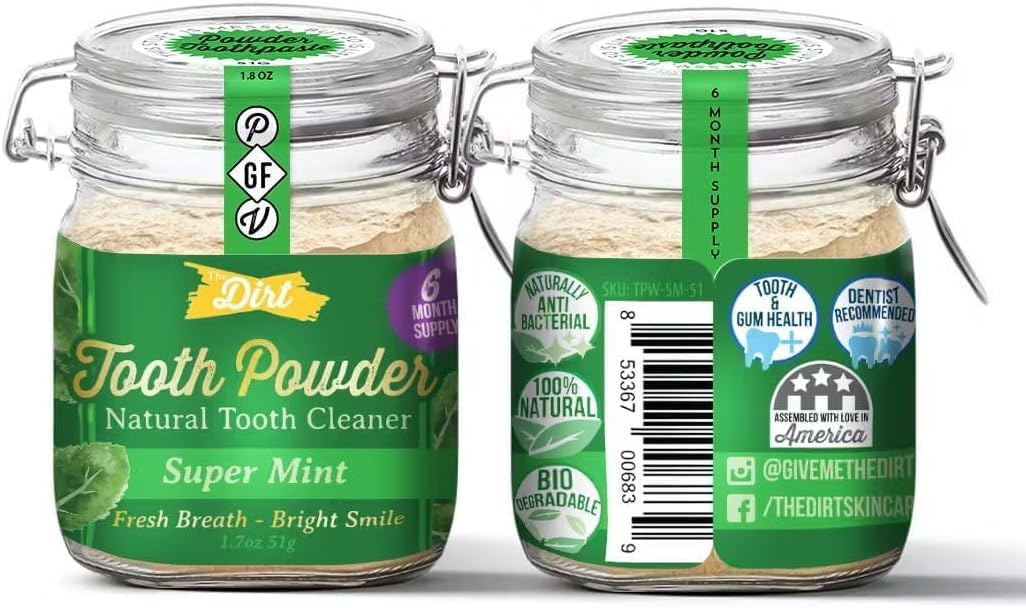 The Dirt Tooth Powder - Natural Fluoride-Free Toothpaste Alternative, Vegan - Essential Oils & Bentonite Clay (Super Mint, 51G: