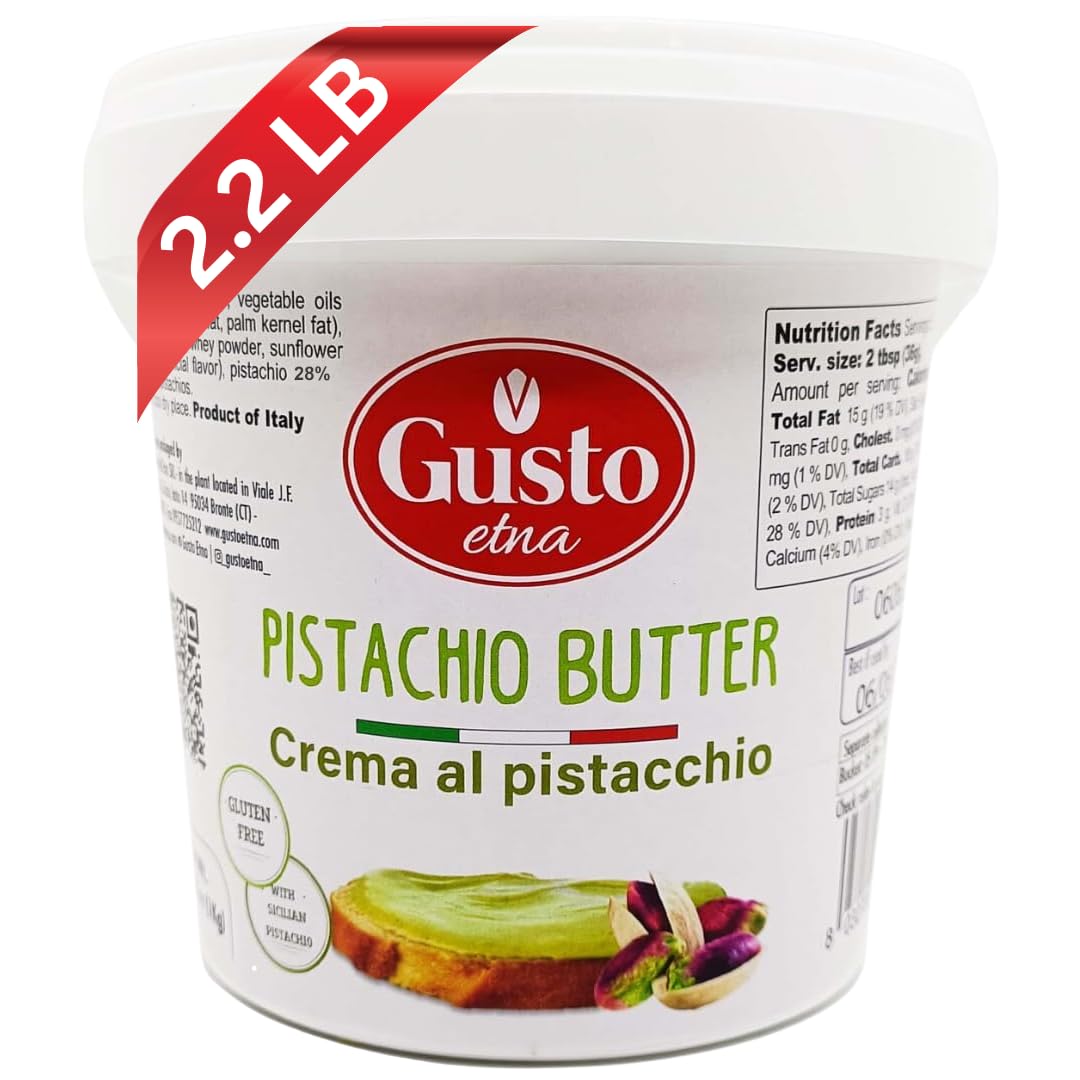 GUSTO ETNA Sweet Pistachio Nut Butter, 2.2 LB, Creamy Spread for Knafeh and Desserts, Product of Sicily, Italy