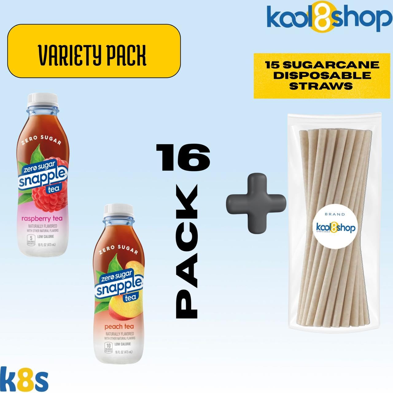 Snapple Zero Sugar Variety Pack All Natural Iced Tea 16 Fl Oz Plastic Bottles 16 Pack + 15 Sugarcane Disposable Straws By Kool8S