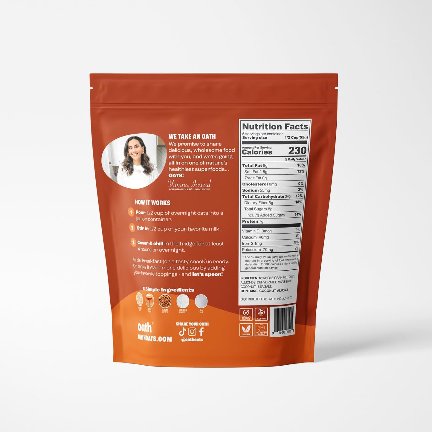 Oath Maple Roasted Almond - Overnight Oats - Vegan, Gluten-Free, High Protein, Plant-Based, Clean Ingredients, 11.6 oz (Pack of