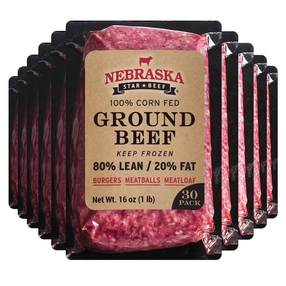 Nebraska Star Beef Angus Ground Beef, 80/20 Lean, 30lb Pack (30 x 1lb) - Premium Frozen Hamburger Meat