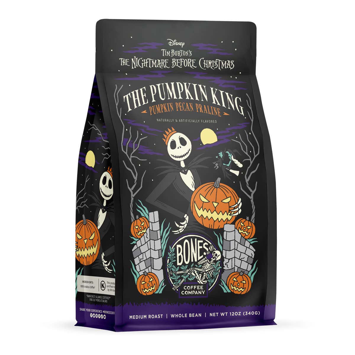 Bones Coffee Company Pumpkin King Flavored Ground Coffee Beans Pumpkin Pecan Praline Flavor, Made With Arabica Coffee Beans, Medium Roast Coffee Inspired By The Nightmare Before Christmas (12 Oz)