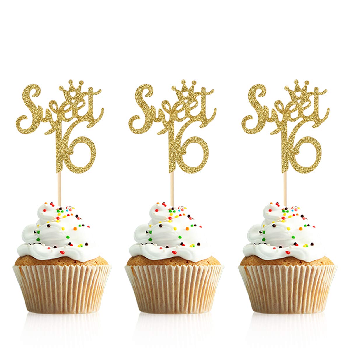 Donoter 48 Pcs Gold Glitter Sweet 16 Cupcake Toppers 16Th Cupcake Picks For Birthday Anniversary Decorations