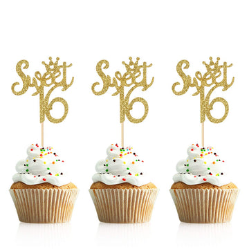 Donoter 48 Pcs Gold Glitter Sweet 16 Cupcake Toppers 16Th Cupcake Picks For Birthday Anniversary Decorations