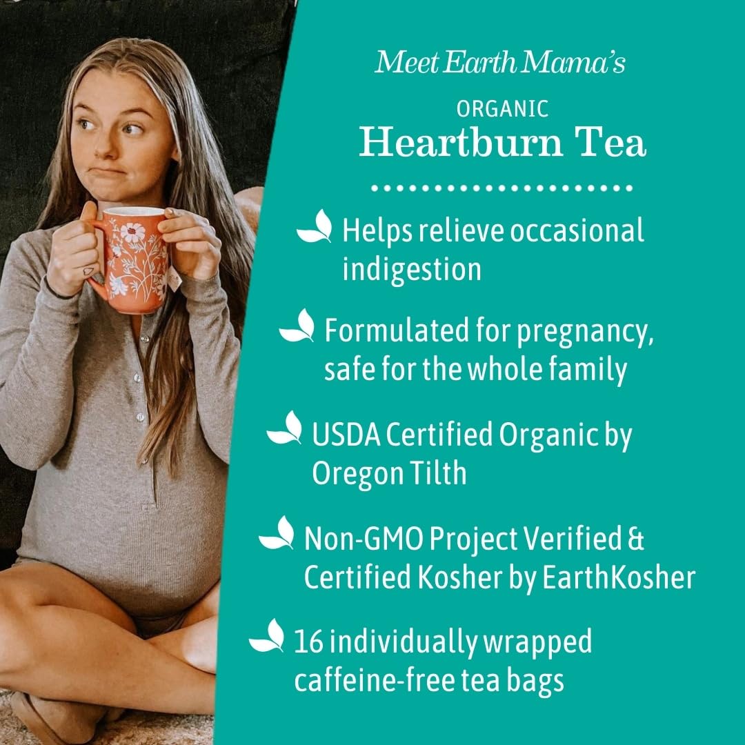 Earth Mama Organic Heartburn Tea - Herbal Blend with Marshmallow Root & Chamomile, 16 Teabags (3-Pack)