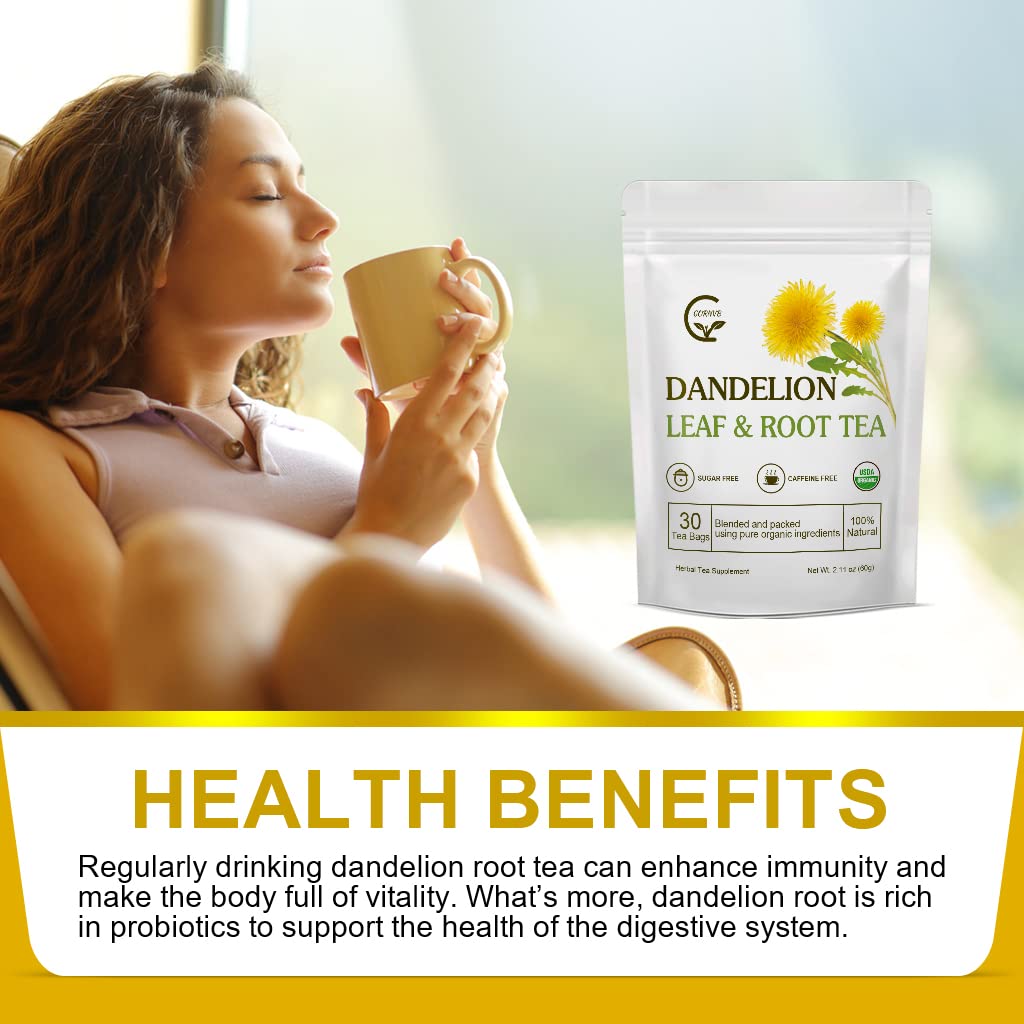 GORNVB Organic Dandelion Leaf & Root Tea - Caffeine Free, 30 Tea Bags, Supports Kidney Function and Healthy Digestion