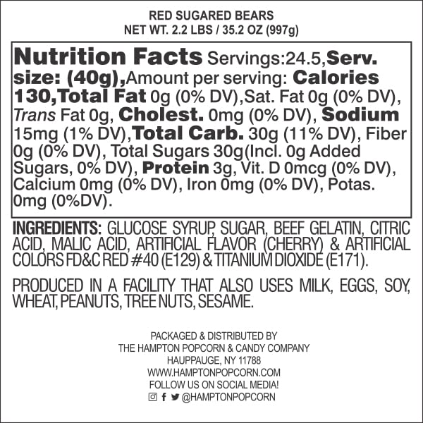 The Hampton Popcorn Company Red Gummy Bears, Sugared, 2.2 Pound Bag, Cherry Flavored