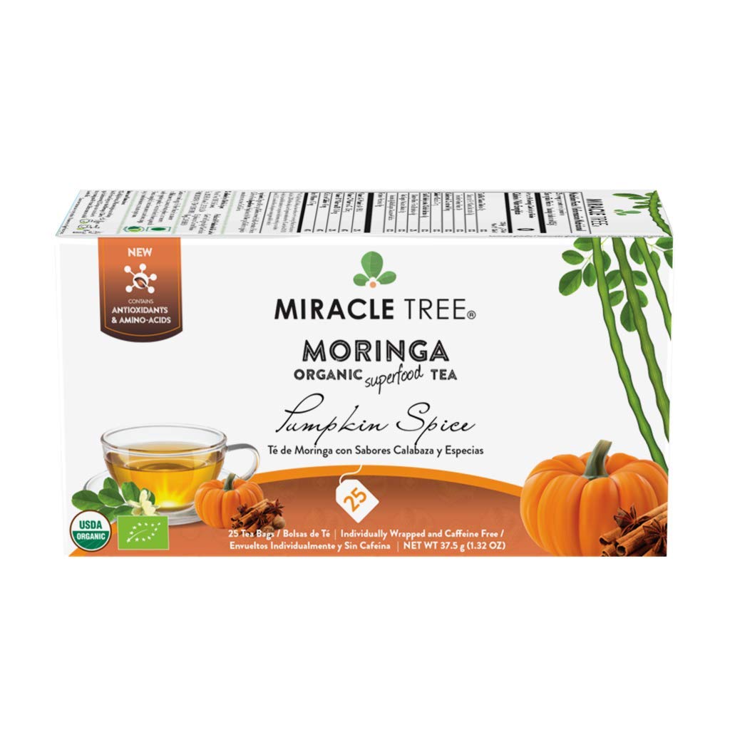 Miracle Tree Organic Moringa Superfood Tea - Pumpkin Spice, 25 Individually Sealed Bags, Vegan, Gluten-Free, Caffeine-Free