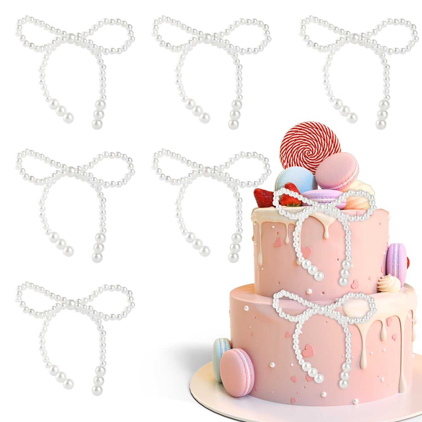 16 Pcs Pearl Bow Cake Topper Bow Dots  White Bowknot Christmas Tree Topper Shiny Christmas Tree Decorations For Weddings  Birthday  Valentines Day And Party Supplies