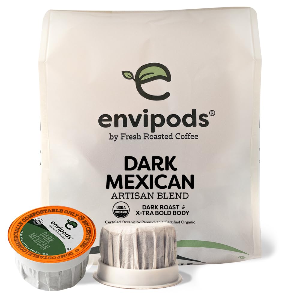 Fresh Roasted Coffee Organic Dark Mexican Envipods - 12 Count Compatible with K Cup Brewers, BPI Compostable, USDA Organic