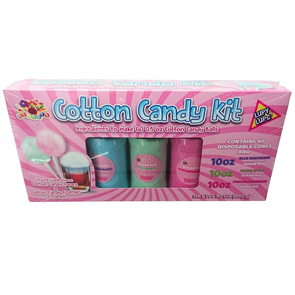 Lupy Lups! Cotton Candy Kit With Cones - Assorted Flavors- Individual Package Big Bulk - Pastel Candy for Stocking, Treats, Part