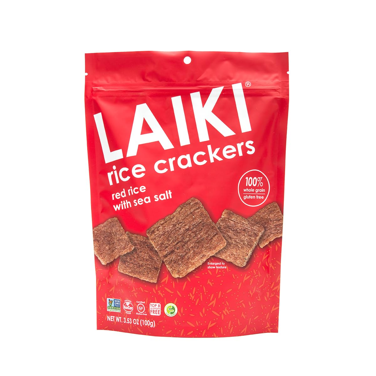 Laiki Gluten Free Rice Crackers, Red Rice, Resealable 3.53 Ounce Bag