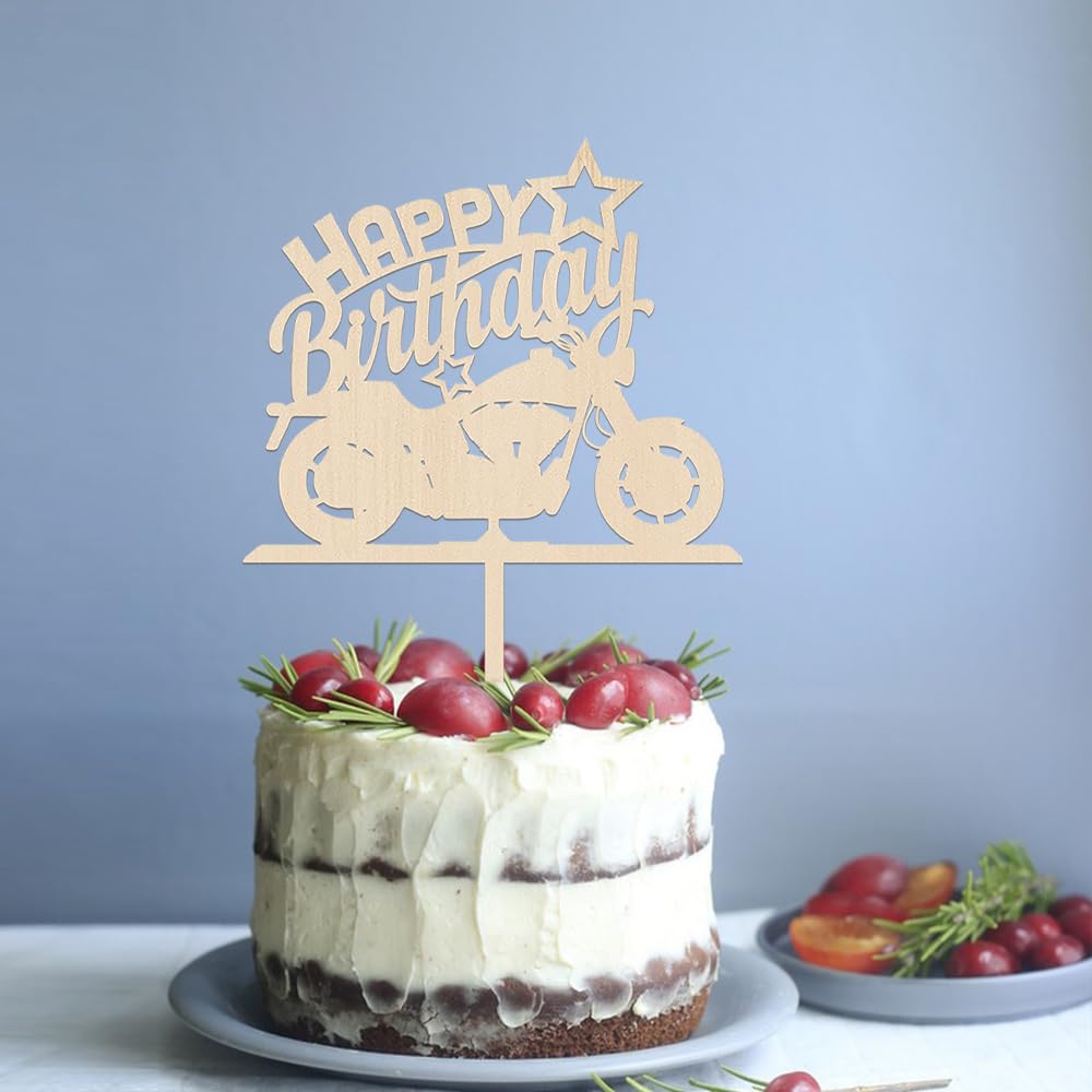 Ruscalin Happy Birthday Cake Topper Black Flash Motorcycle Party Decoration Birthday Party Cake Decoration (Wood)