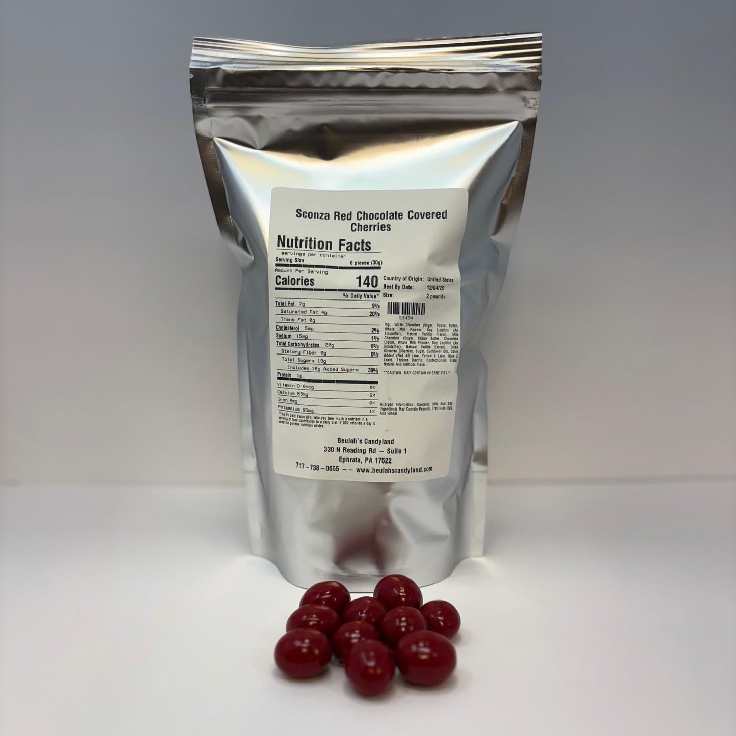 Beulah'S Red Chocolate Covered Dried Cherries, 2 Pound Package, 160 Pieces Of Candy