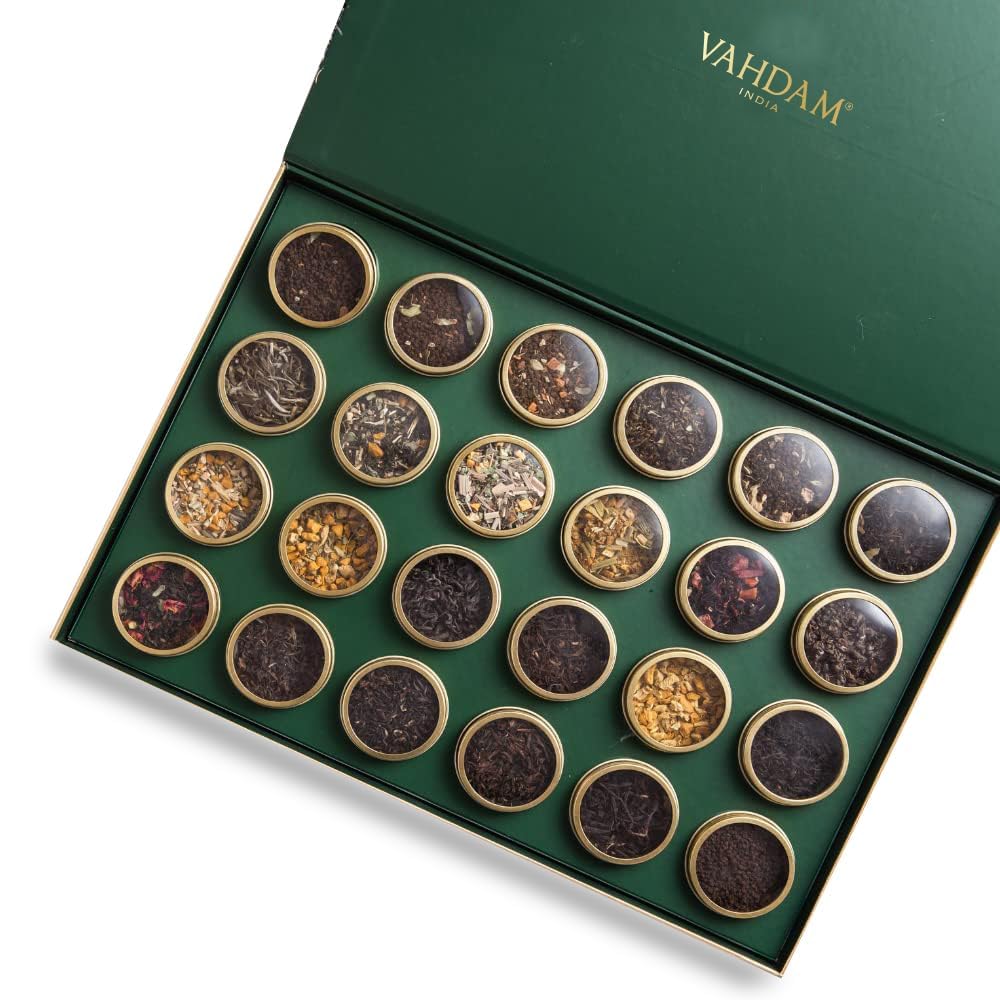 VAHDAM Luxury Tea Gift Set - 24 Unique Loose Leaf Teas in Tin Caddies, Gluten Free, Non GMO, Perfect Gift for Adults