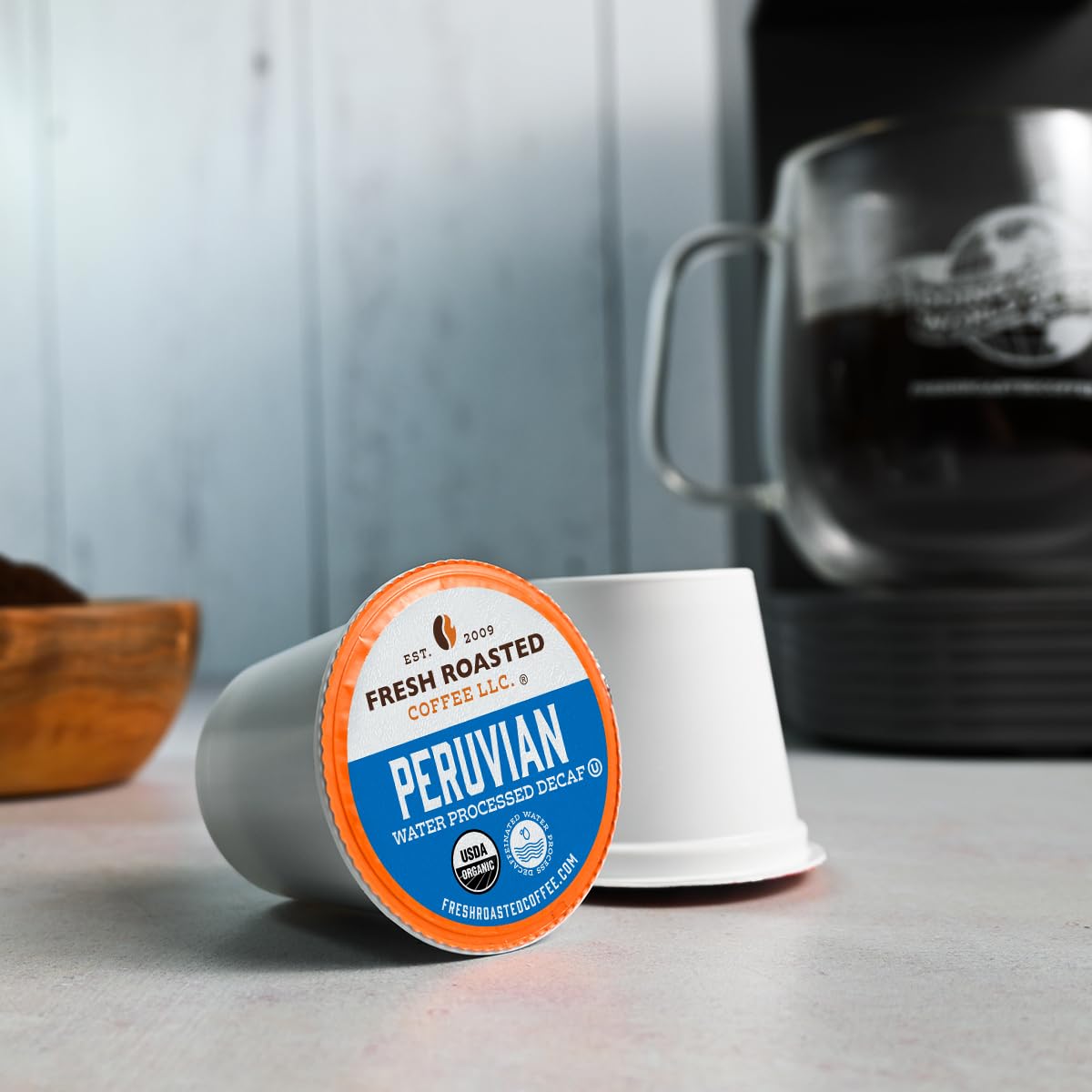 Fresh Roasted Coffee Organic Peru Decaf K-Cup Compatible 24 Pods Fair Trade Kosher
