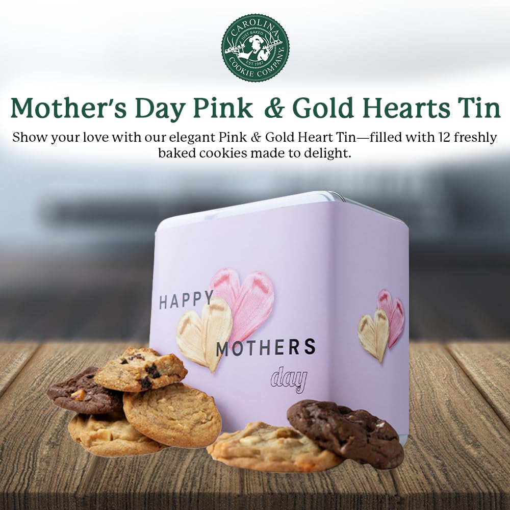 Pink & Gold Hearts Mothers Day Cookie Tin, 12 Assorted Gourmet Cookies (White Chocolate Macadamia, Chunky Chocolate, Oatmeal Rai