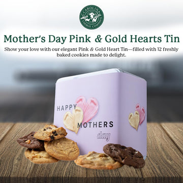 Pink & Gold Hearts Mothers Day Cookie Tin, 12 Assorted Gourmet Cookies (White Chocolate Macadamia, Chunky Chocolate, Oatmeal Rai