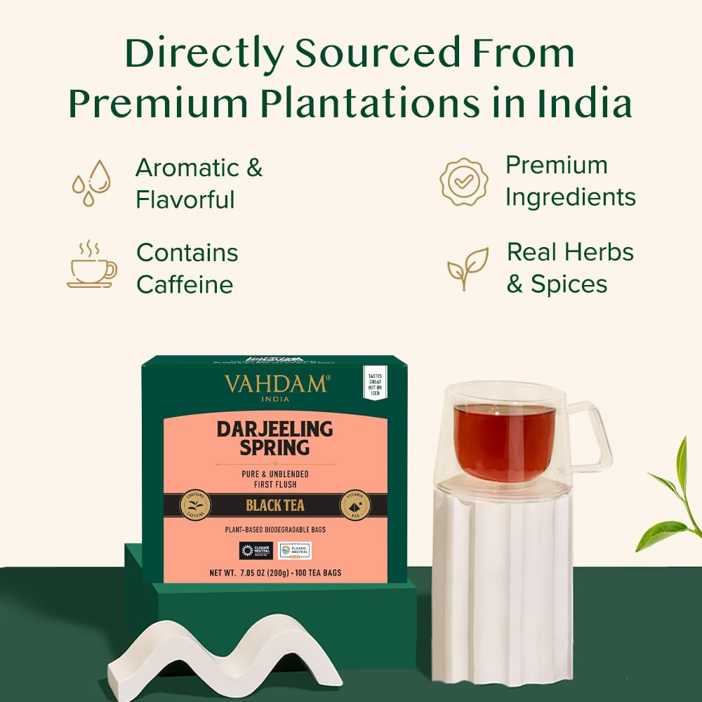 VAHDAM Exotic Darjeeling First Flush Tea Bags, High Caffeine, Non-GMO, Gluten Free, 100 Count, Resealable Ziplock Pouch