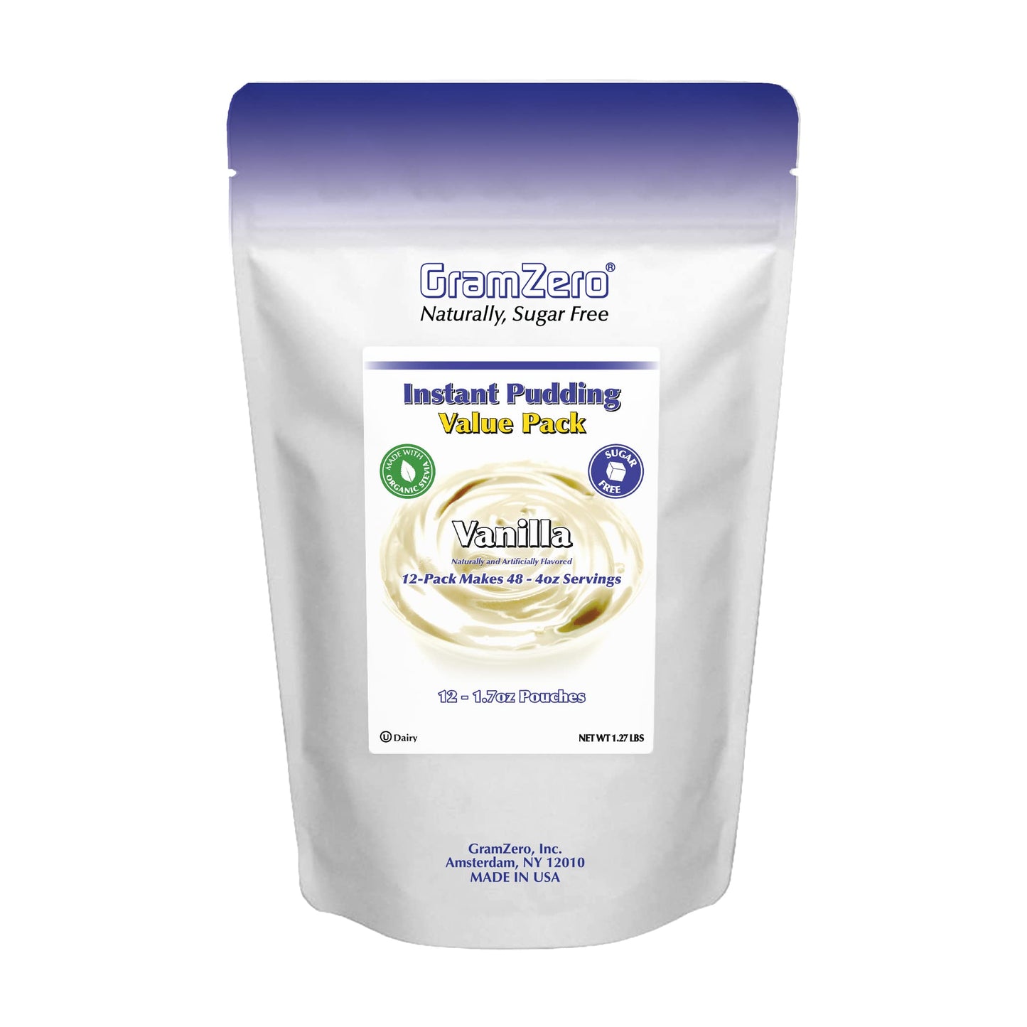 Gramzero Vanilla Sugar Free Pudding Mix 12-Pack, Great For Nutrition Club Meal Replacement Shakes, Low Calorie Dessert, Stevia S