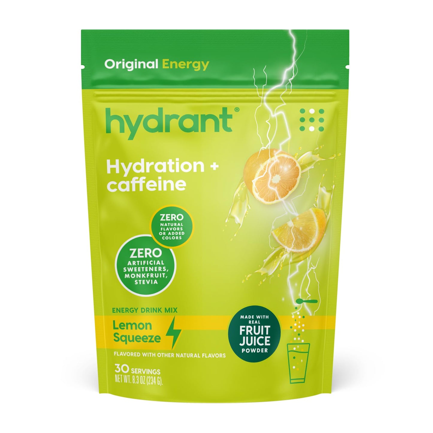 Hydrant - Bulk Energy Electrolyte Powder, Lemon Squeeze Flavor, 30 Servings Caffeine & L-Theanine Energy Hydration Powder - Low Sugar For Daily Use