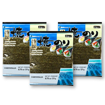 La Voie Japanese Sushi Nori, 10 Full Sheet (10 sheets/Pack of 3) Twice Roasted Seaweeds Sheet, Onigiri, Crispy Korean Gimbap, Go