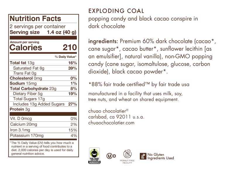 Chuao Chocolatier Exploding Coal Chocolate Bars | Gourmet Caramel Chocolate Artisan European No Preservatives | For Gift Baskets, Christmas, Valentines Day, Gifts For Women, Men, Birthday, Thank You, Care Package | 3 Pack