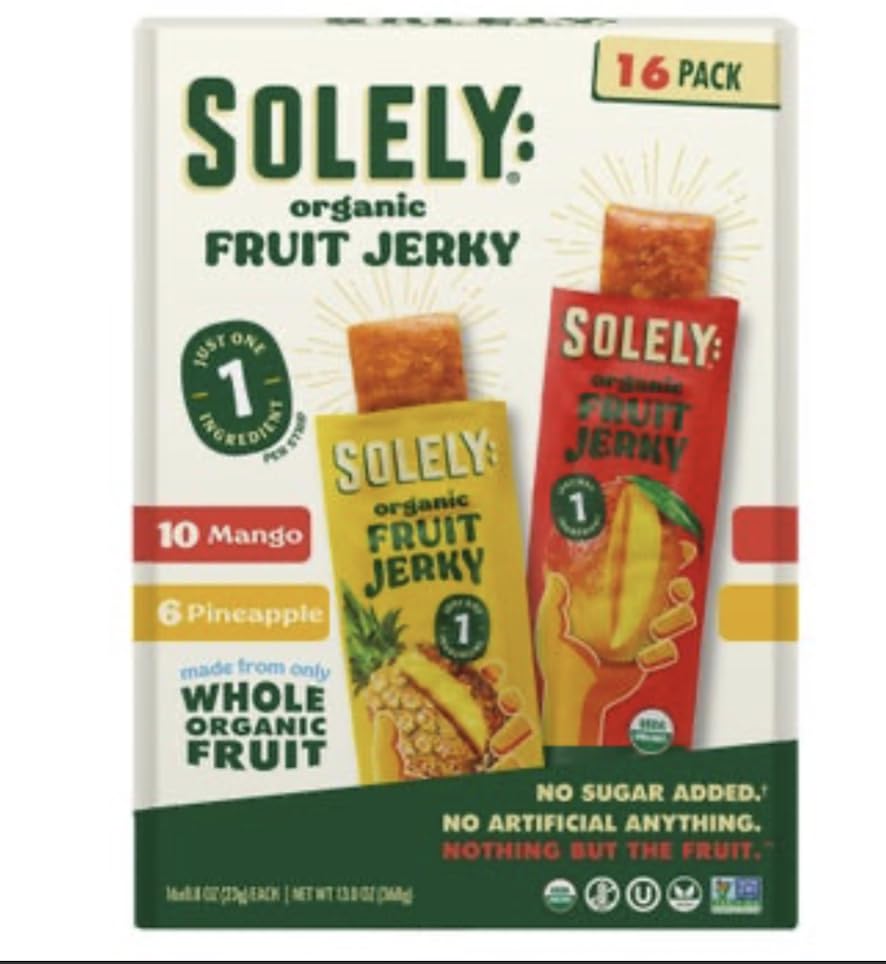 Solely Organic Fruit Jerky  Flavors Variety  16 Strips  No Sugar Added  13 oz. 10 Mango  6 Pineapple strips 