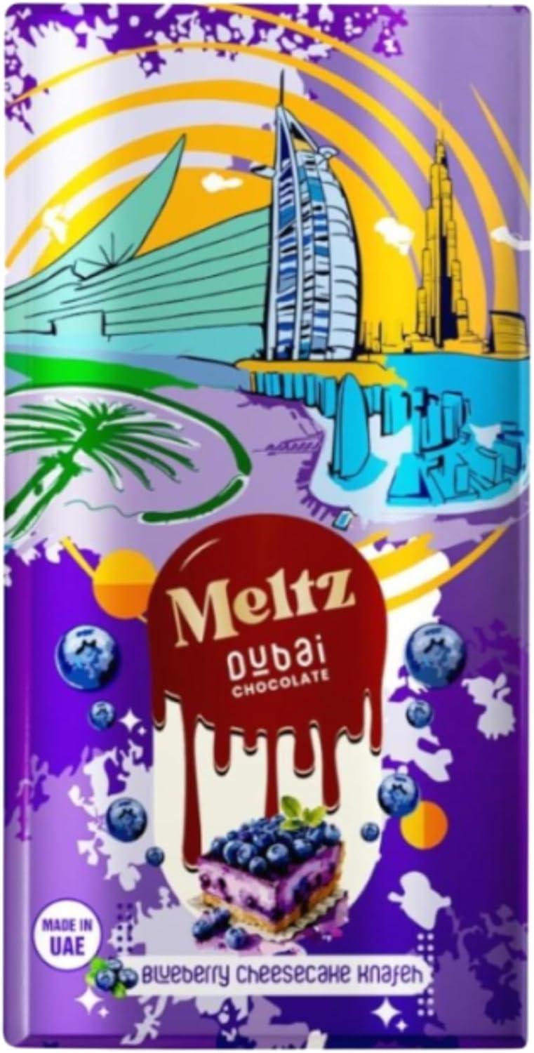 Meltz Pistachio Dubai Chocolate Blueberry Cheesecake Knafeh Bar - 192g, Filled with Berry Cream, Individually Wrapped Treat