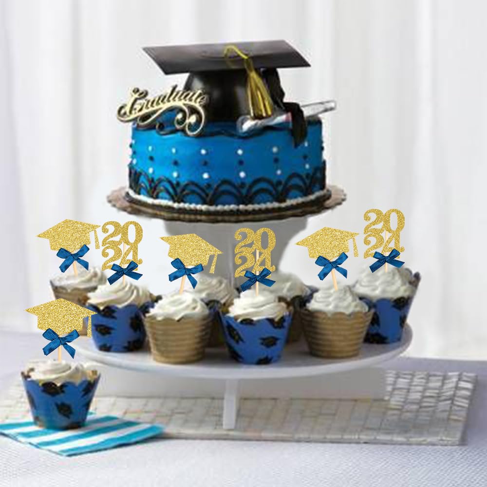 Graduation Cupcake Toppers, Food/Appetizer Picks For Graduation Party Cake Decorations 24Pcs(Blue)