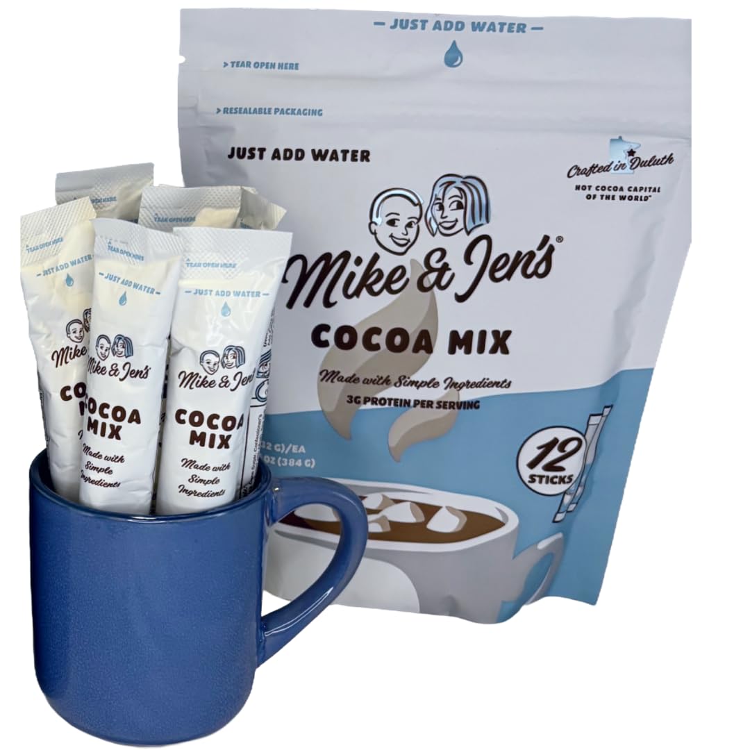 MIKE & JENS Hot Cocoa Mix, Chocolate Powder, 12 Individual Packets, 1.2 Ounce Each, White/Blue/Brown/Black