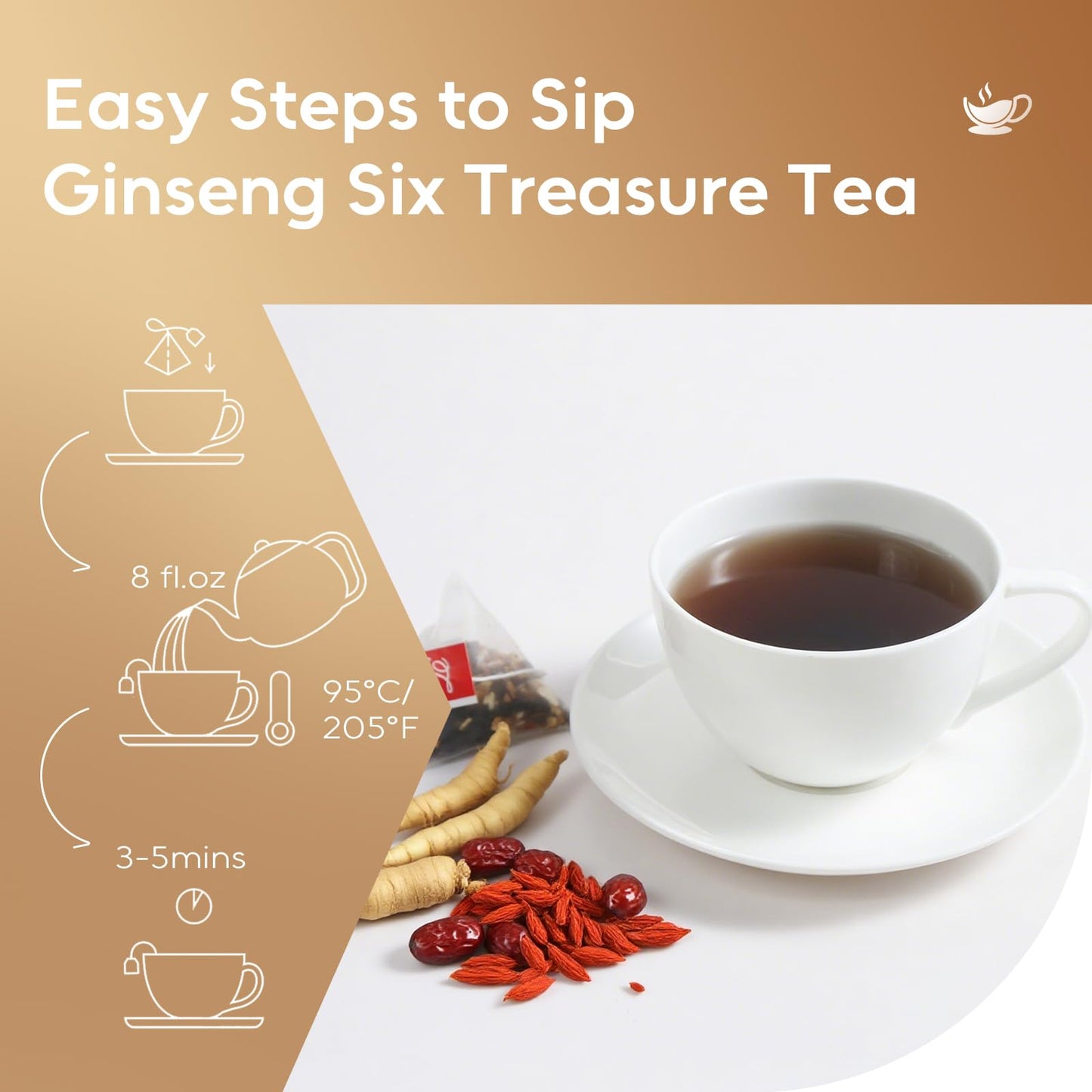 FullChea - Ginseng Six Treasure Tea  30 Teabags  Traditional Chinese Herbal Blend for Kidney Health  Detox Tea With Ginseng  Mulberry  Huangjing  Maca  Goji Berry  Red Dates  Yam - Support Wellness