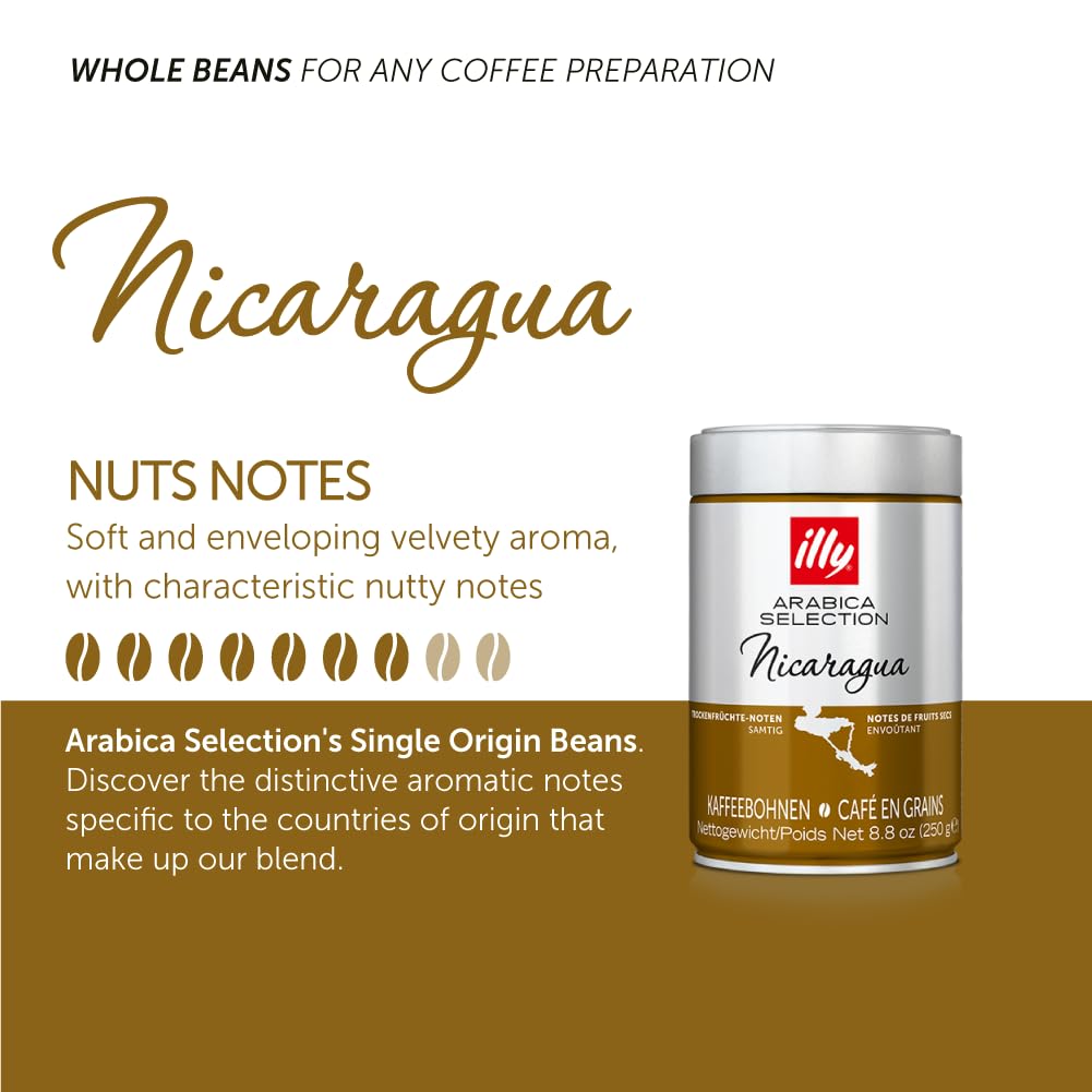 Illy Arabica S s Nicaragua Whole Bean Coffee, 100% Arabica, 8.8oz, Single Origin, No Preservatives