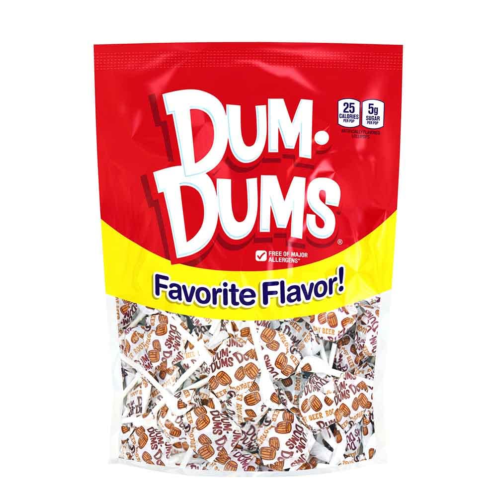 Dum Dums Root Beer Lollipops - Bulk Candy Box, 50 Count, Individually Wrapped, Brown and White Suckers