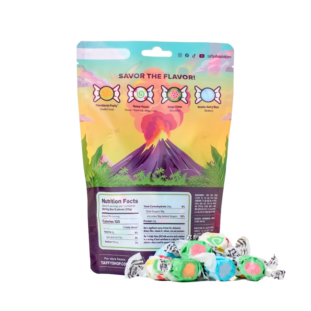 Taffy Shop Dino Chew Taffy, Salt Water Candy, 35 Pieces, Dinosaur Bag Soft Chewy Candy Gift, 7 Oz