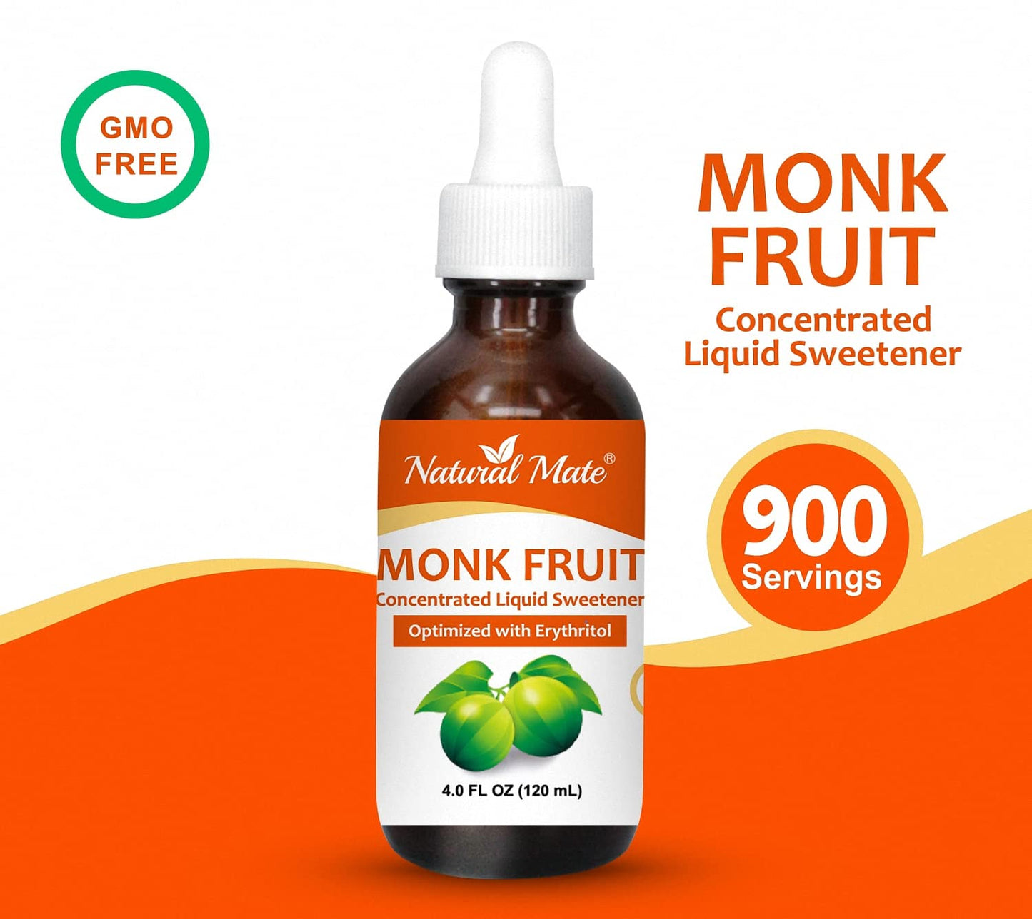 Natural Mate Monk Fruit Liquid Sweetener with Erythritol, 4 FL OZ, Glass Bottle