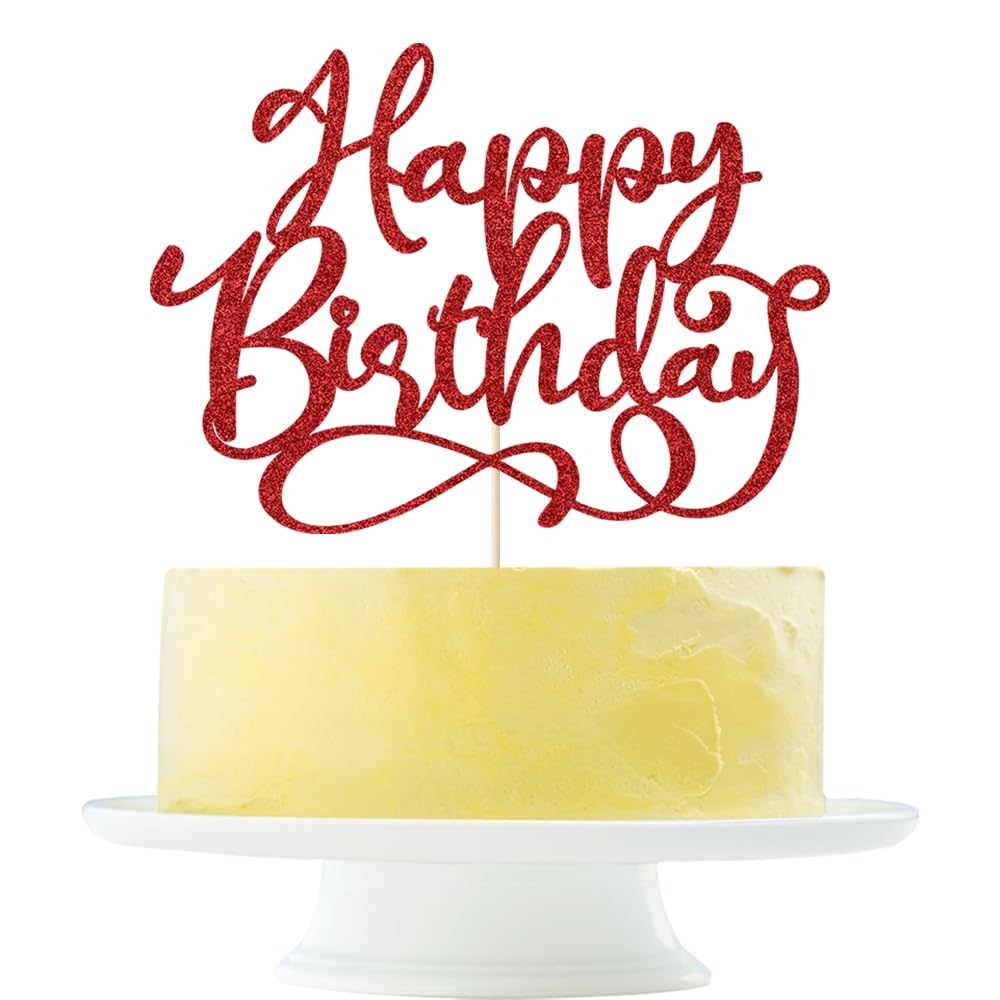 Yetxel Gold Glitter Happy Birthday Cake Topper, 7x8 inches, Red Paper Decoration for Party and Anniversary