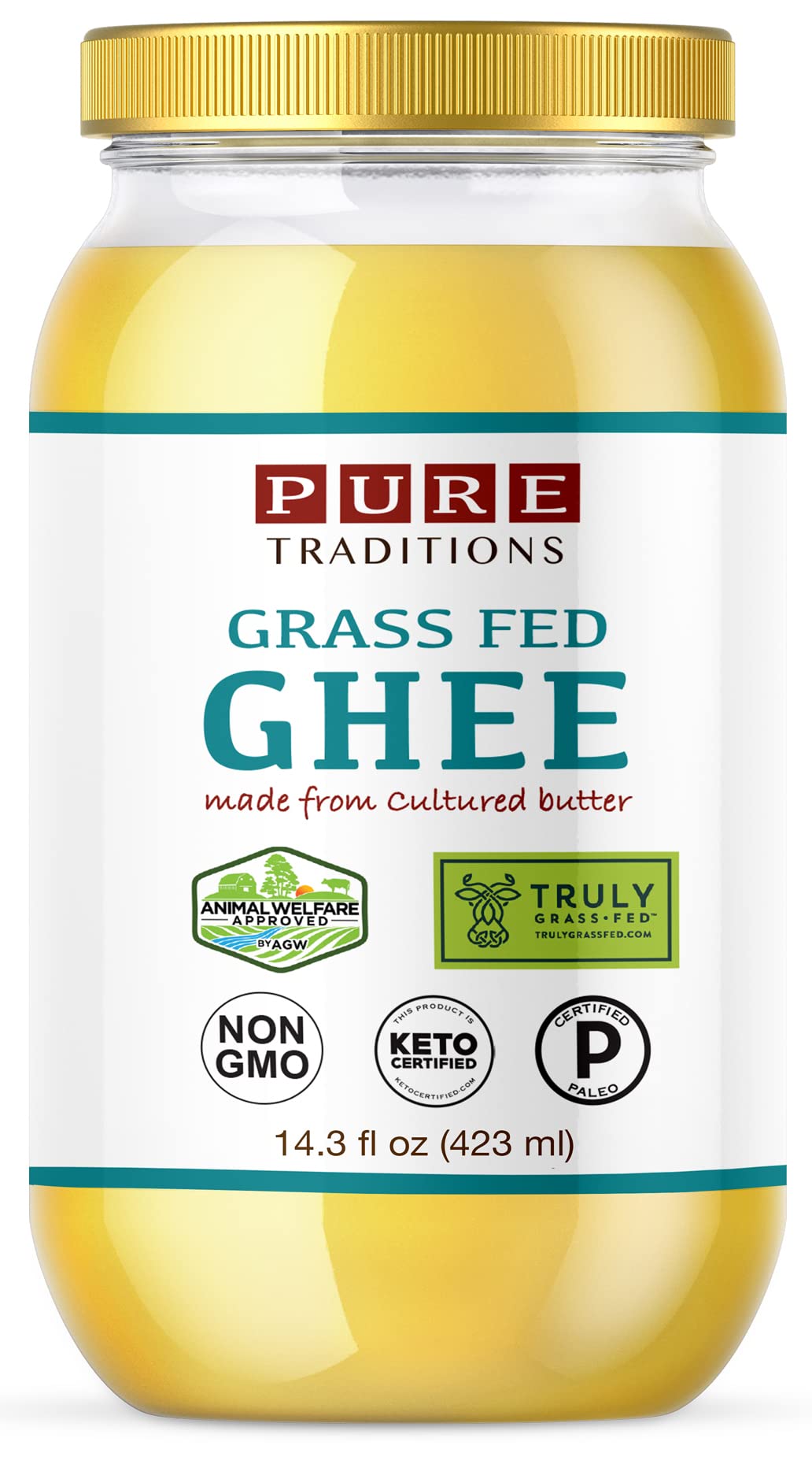Grass-Fed Cultured Ghee, Certified Paleo, Keto Certified, Truly Grass Fed Certified 14.3 fl oz) glass jar