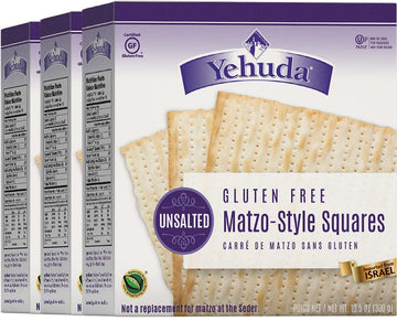 Yehuda Gluten Free Unsalted Matzo Squares, 10.5oz (3 Pack) Thin, Crisp & Airy Matzo Style Gluten Free Unsalted Crackers | Kosher