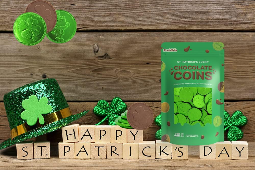 Fruidles Chocolate Green Coins - 50 Pack, Premium Belgian Milk Chocolate, Nut-Free, Kosher, St. Patricks Day Shamrock Leprechaun
