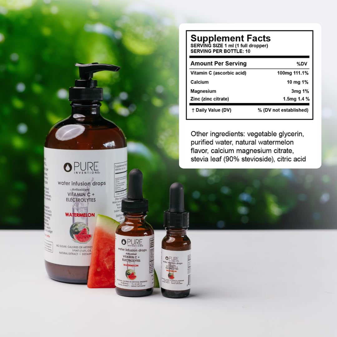 Pure Inventions Watermelon Water Infusion Drops - Antioxidants, Vitamin C, Electrolytes - 0.34 Fl Oz (Pack of 1) - Sugar Free, Zero Calorie
