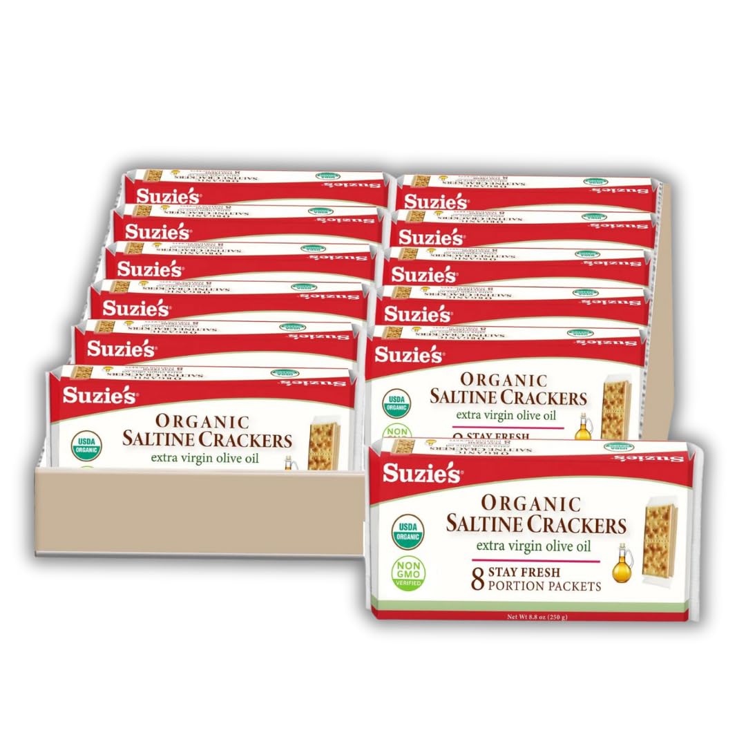 SUZIES Organic Saltines  ers, Salted with Extra Virgin Olive Oil, 8.8oz Each, 12 Packs, Healthy Vegan Snack for mature-themeds & Children