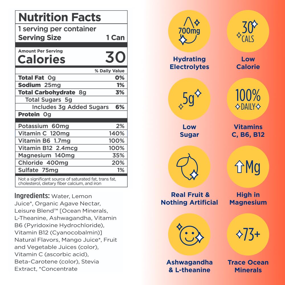 Leisure Project Electrolyte Refresher, Tropical Mango (16oz Cans, 12 Pack) Mango Hydration Drink w/Magnesium & Ashwagandha For M