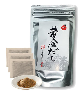 UMAMI DASHI Golden soup stock 0.3 oz (18 pcs). The raw materials are AGO (flying fish), KATSUO(dried bonito), SABA(dried mackere