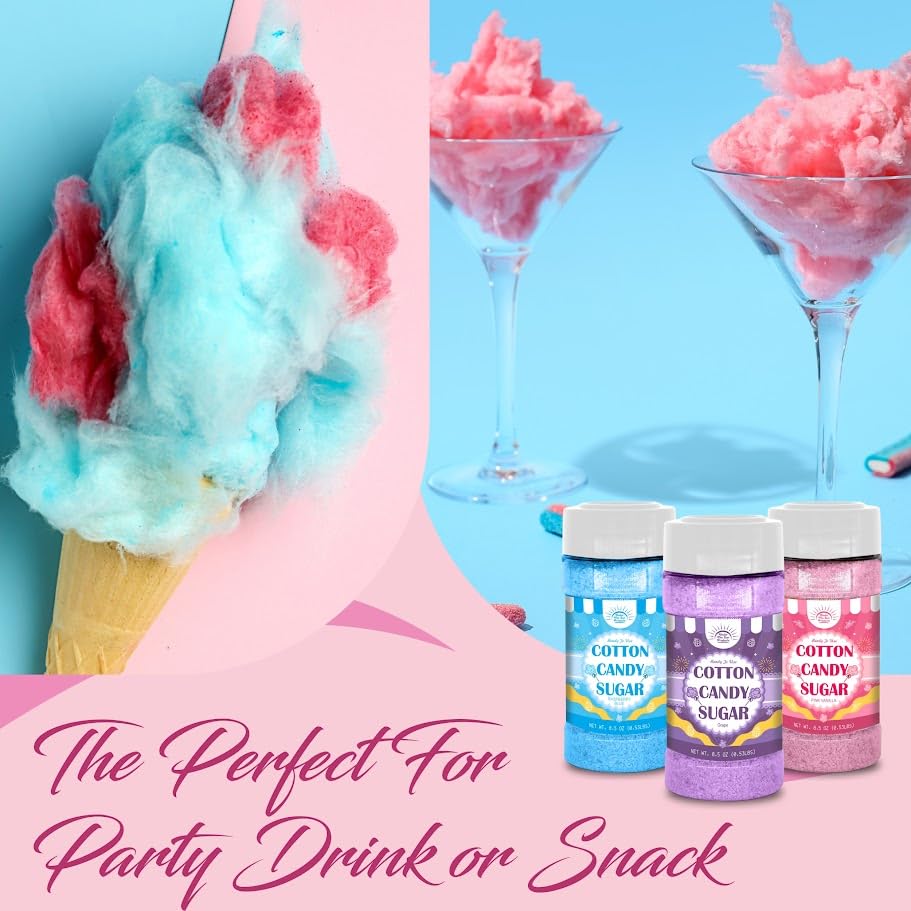Cotton Candy Floss Sugar Package of ct-(Pink Vanilla  Blue Raspberry & G)-8.5oz Each Flavor W/ 50 Paper Cones