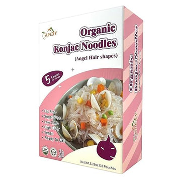 Apexy Organic Shirataki Konjac Noodle Angel Hair Pasta 8 Pouches Total 53.6Oz. Healthy Diet, Low Calorie, Low-Carb Gluten Free, Vegan, Keto And Paleo-Friendly.