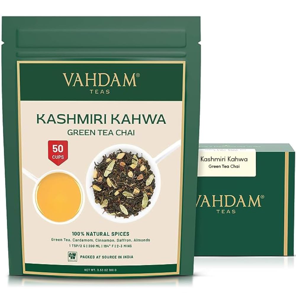 VAHDAM, Kashmiri Kahwa Tea (50 Cups/3.53oz) | Green Tea, Cinnamon, Cardamom, Almond & Saffron | enhanced India Loose Leaf Tea | Vacuum Sealed for freshness
