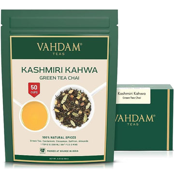 VAHDAM, Kashmiri Kahwa Tea (50 Cups/3.53oz) | Green Tea, Cinnamon, Cardamom, Almond & Saffron | enhanced India Loose Leaf Tea | Vacuum Sealed for freshness