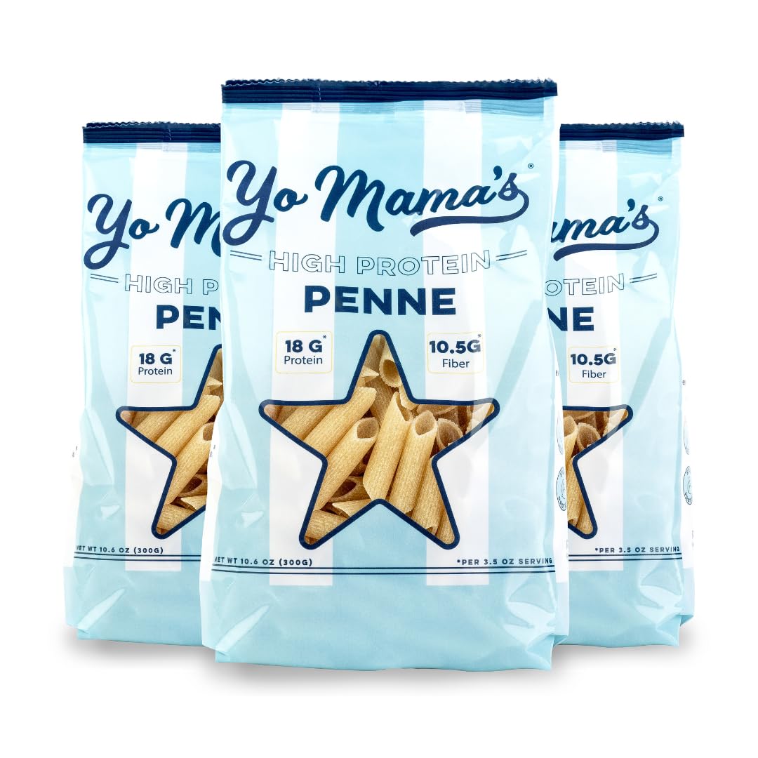 Yo Mamas Foods High Protein High Fiber Penne Pasta | (3) 10.6 Ounce Bags. | Plant Based, Low Glycemic, and Gluten Free with Cle