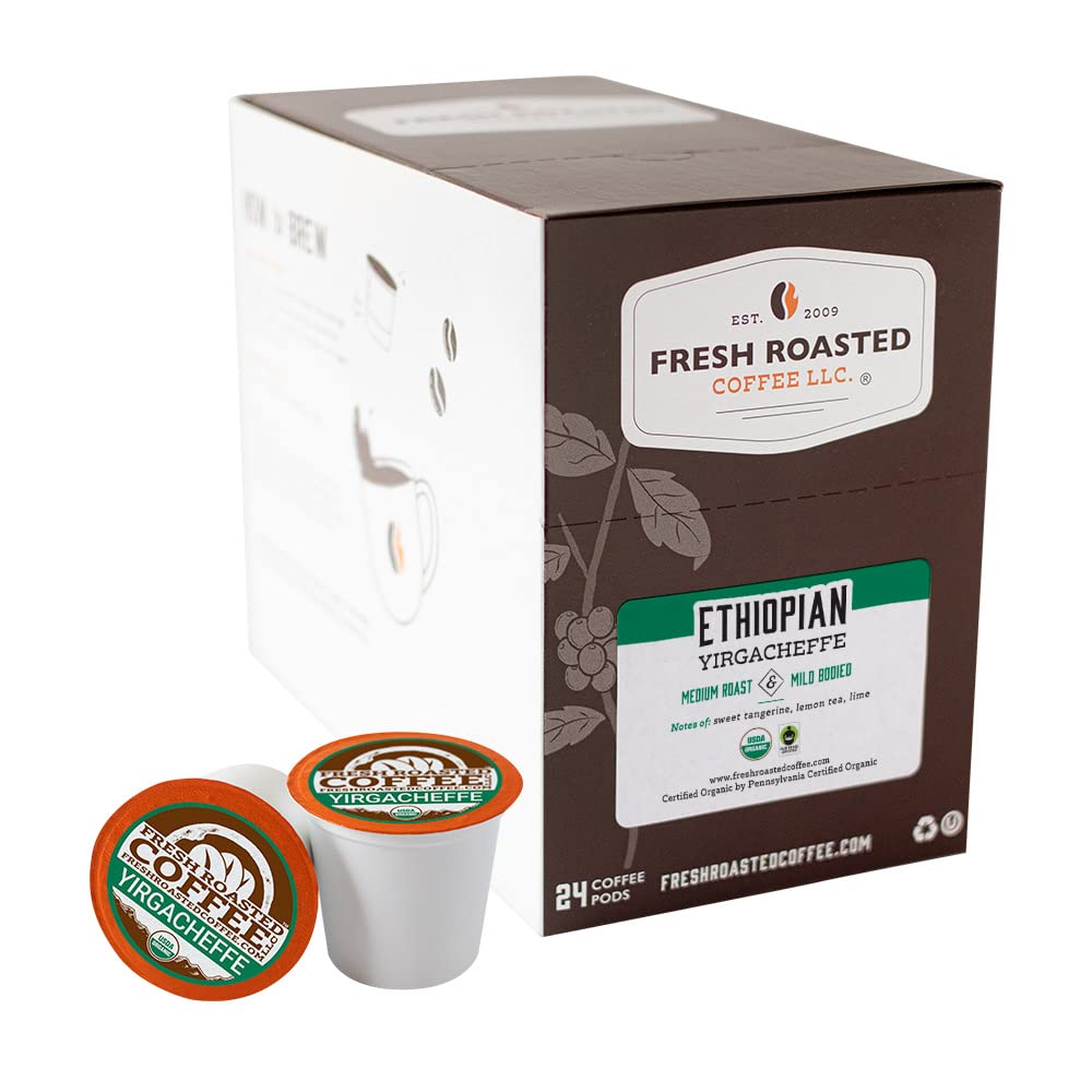 Fresh Roasted Coffee, Organic Ethiopian Yirgacheffe | Usda Organic, Kosher, 3Rd Party Tested For Mold, Myco, Pesticides | 24 Pods For K Cup Malt-Inspired